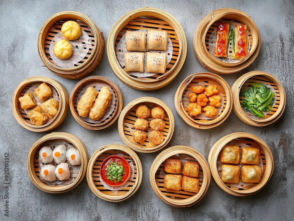 A Dim Sum. The most popular Chinese dishes. A variety of bite-sized dishes traditionally served in small steamer baskets or on small plates, commonly found in Cantonese cuisine. A Dim Sum. The most popular Chinese dishes. A variety of bite-sized dishes traditionally served in small steamer baskets or on small plates, commonly found in Cantonese cuisine.
