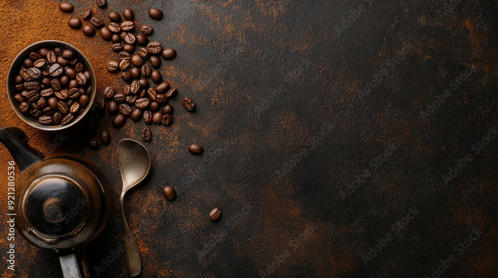 A metal spoon filled with coffee beans lies next to a coffee maker on a dark textured background. The arrangement is viewed from above, with ample copy space around the objects. A metal spoon filled with coffee beans lies next to a coffee maker on a dark textured background. The arrangement is viewed from above, with ample copy space around the objects.