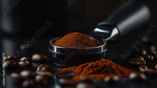 A tamped puck of coffee grounds sits within the basket of a portafilter, surrounded by spilled coffee beans in a dark and moody scene illuminated by natural light. photo