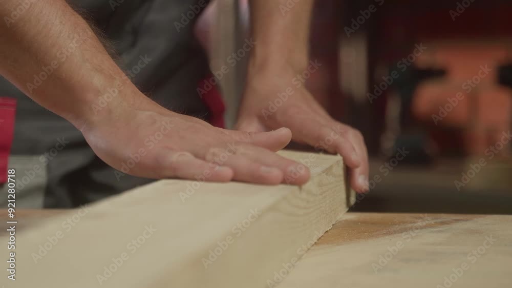 Close-up of an experienced carpenter, a man runs his hand over the wood that he has sanded. Close-up of an experienced carpenter, a man runs his hand over the wood that he has sanded.