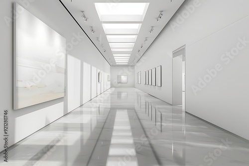 An empty art gallery hallway with white walls, reflective floors, 