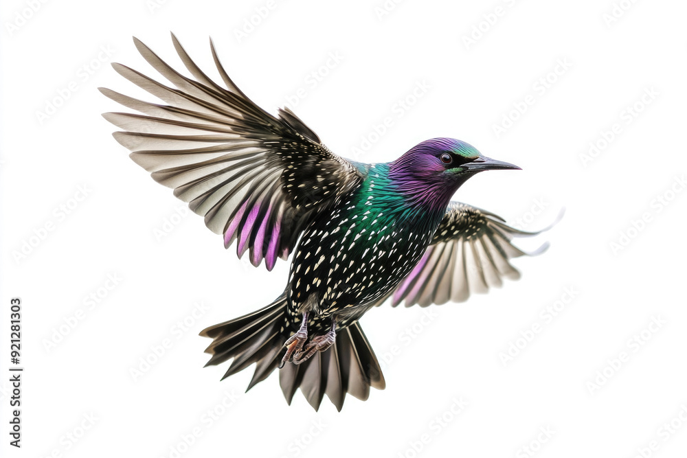 Obraz premium A starling mid-flight, iridescent feathers shimmering.