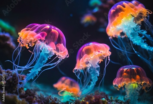 neon lighting jellyfish under the sea