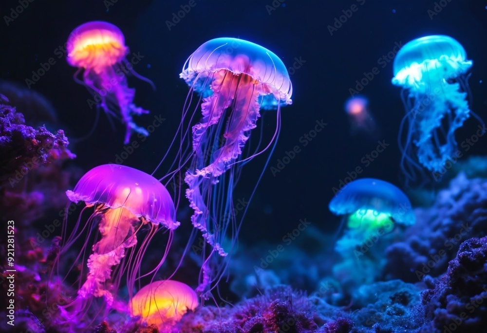 Fototapeta premium neon lighting jellyfish under the sea