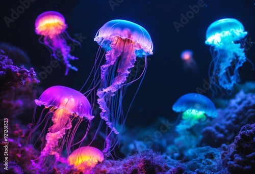 neon lighting jellyfish under the sea
