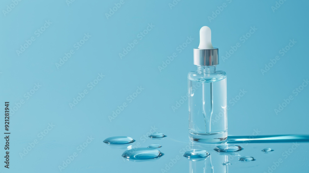Clear glass pipette with anti-age face serum on blue background Clear glass pipette with anti-age face serum on blue background