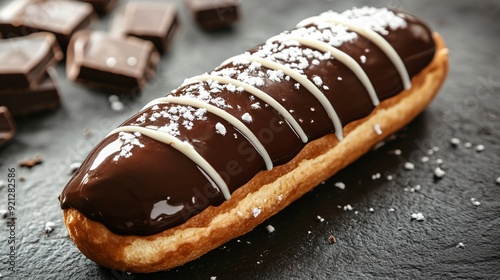 A rich chocolate eclair with a glossy chocolate glaze, resting on a dark charcoal concrete surface, with a light drizzle of white chocolate for contrast