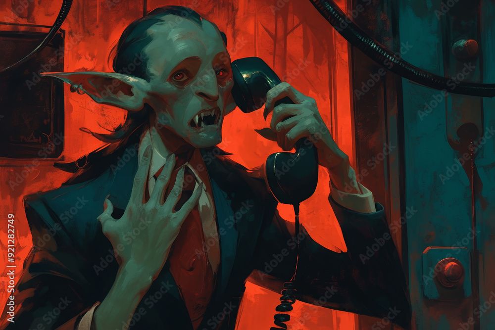 Vampire in Suit Making a Phone Call in Dark Gothic Setting Vampire in Suit Making a Phone Call in Dark Gothic Setting