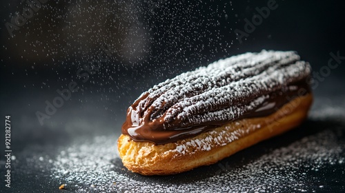 A rich chocolate eclair with a shiny ganache filling, resting on a dark charcoal concrete background, with a light dusting of powdered sugar for contrast photo