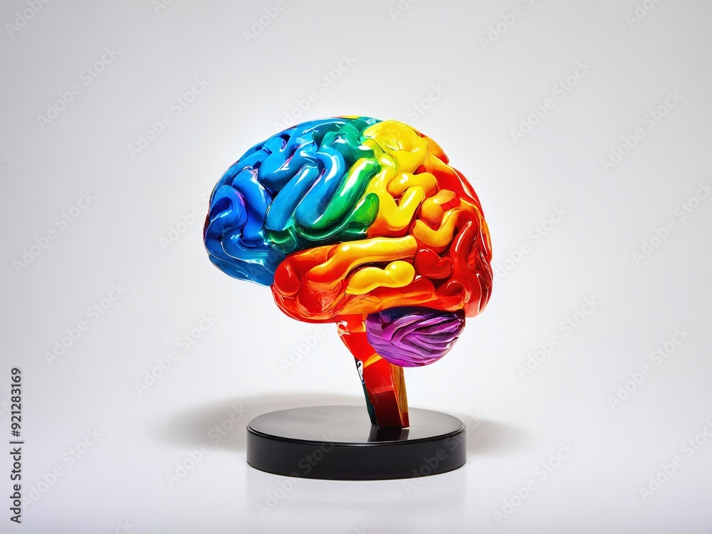 Colorful human brain model displayed on a stand against a white background Colorful human brain model displayed on a stand against a white background