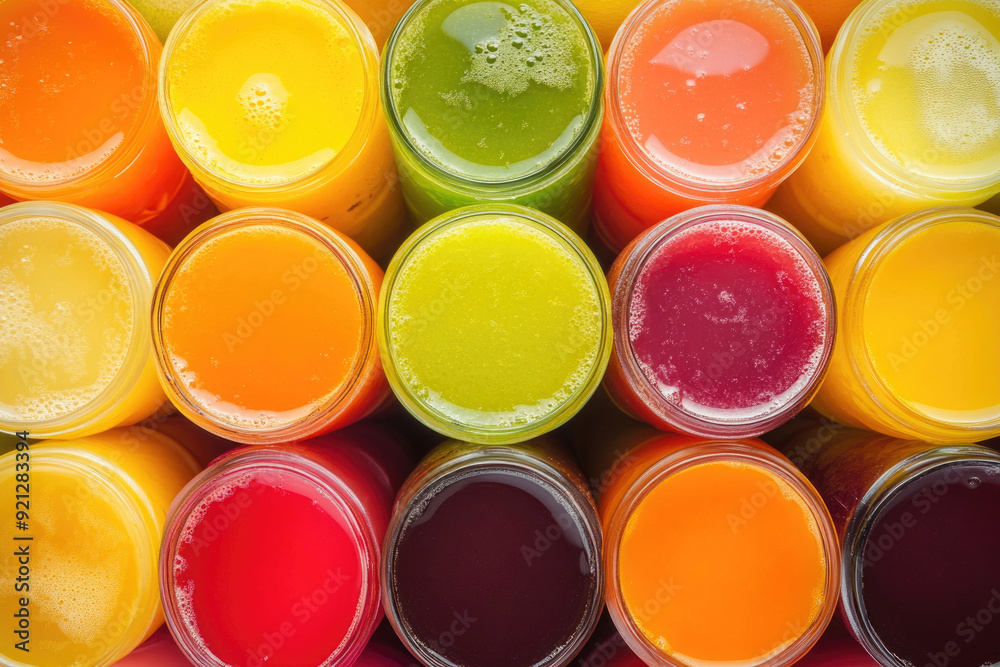 A vibrant array of colorful fruit juices creates a refreshing, dynamic background. A vibrant array of colorful fruit juices creates a refreshing, dynamic background.
