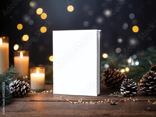 Elegant blank book surrounded by candles and pinecones on a rustic table