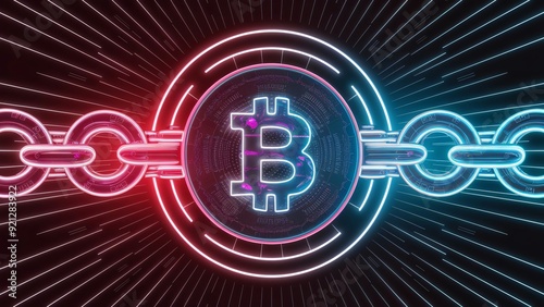 Blockchain concept, where chains of interconnected representing bitcoin cryptocurrency, neon colored nodes float in a futuristic space. 