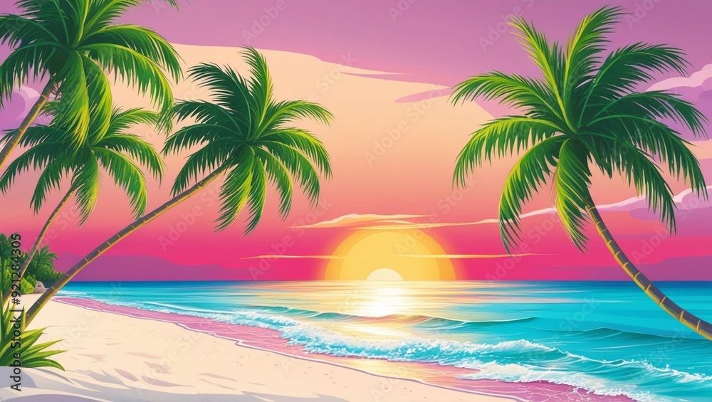 Tranquil Sunset on a Tropical Beach with Palm Trees and Turquoise Waters Tranquil Sunset on a Tropical Beach with Palm Trees and Turquoise Waters