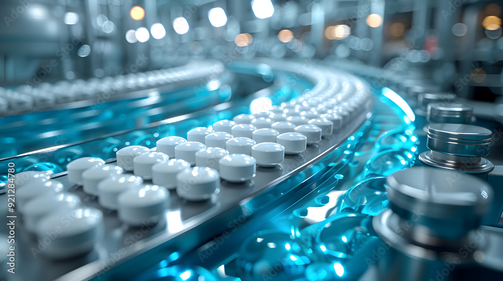 3D Illustration of Pills on a Conveyor Belt 3D Illustration of Pills on a Conveyor Belt