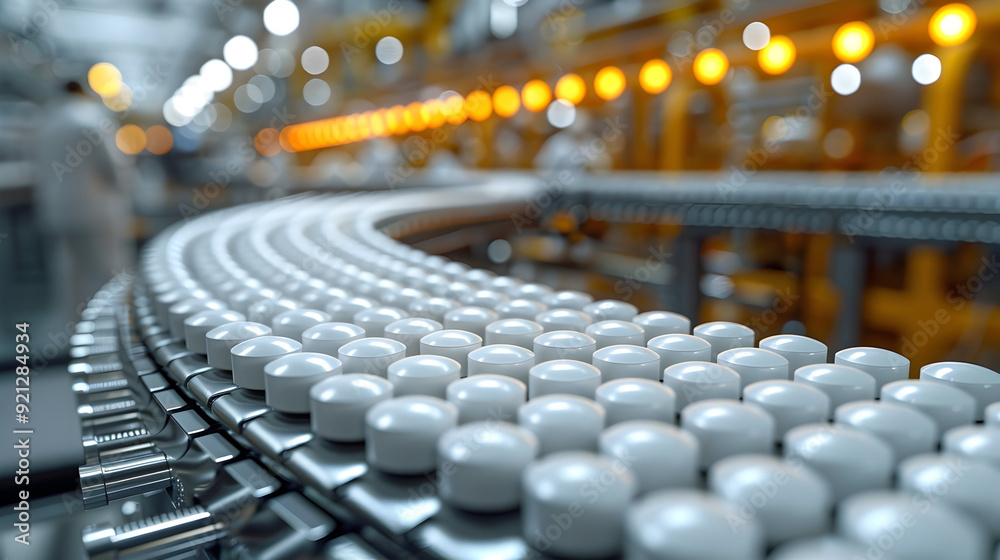 3D Illustration of a Conveyor Belt with White Pills 3D Illustration of a Conveyor Belt with White Pills