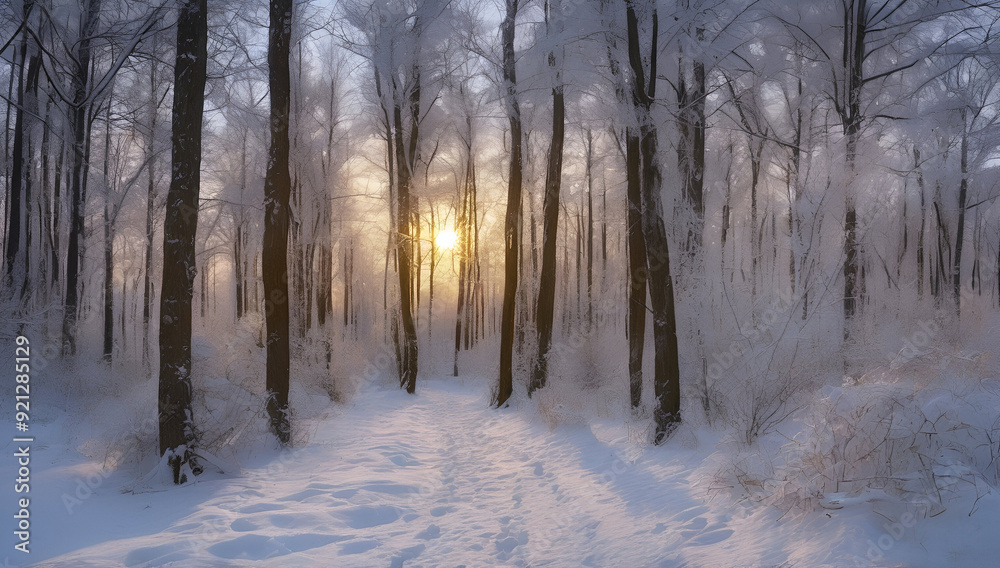 Beautiful winter forest landscape with snow-covered trees and sunlight shining through the branches, Generative AI Beautiful winter forest landscape with snow-covered trees and sunlight shining through the branches, Generative AI