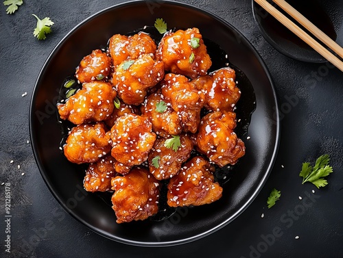 A General Tso’s Chicken. The most popular Chinese dishes. A sweet, slightly spicy deep-fried chicken dish that is popular in American-Chinese cuisine. photo