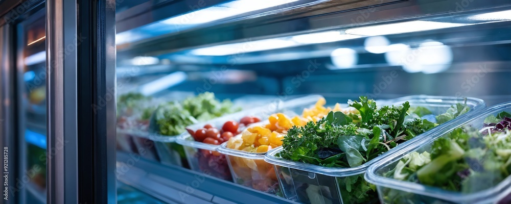 Freshly prepared salads and vegetables displayed in a modern supermarket refrigerator case Freshly prepared salads and vegetables displayed in a modern supermarket refrigerator case