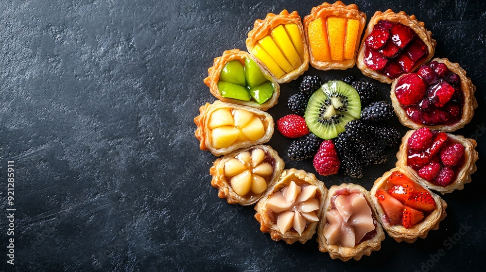 A set of mini fruit pastries with various fillings, arranged in a circle on a dark charcoal concrete background, their bright colors standing out against the dark surface A set of mini fruit pastries with various fillings, arranged in a circle on a dark charcoal concrete background, their bright colors standing out against the dark surface