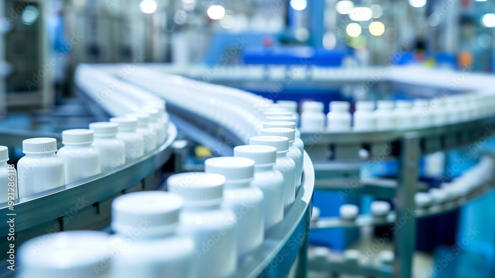 Assembly line with rows of medicine white bottles in a pharmaceutical plant bright lighting Assembly line with rows of medicine white bottles in a pharmaceutical plant bright lighting