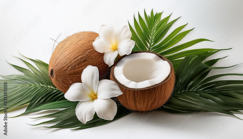 Coconuts and white plumeria flowers realistic white background isolated Coconuts and white plumeria flowers realistic white background isolated