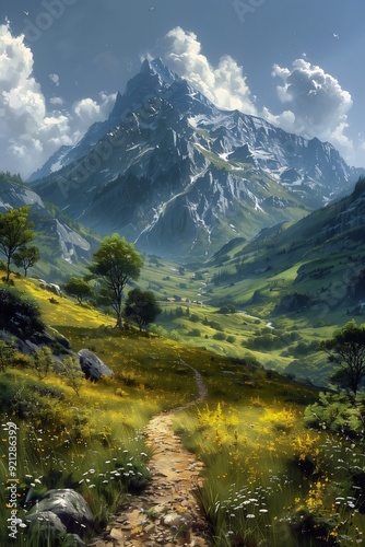 mountain landscape path leading valley environment blue grass imagery imprecise brushwork pathway young elf nature pathways