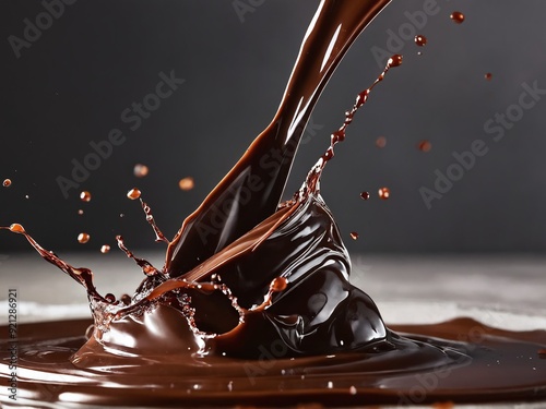 Flowing liquid chocolate creating splashes on a dark background in culinary environment