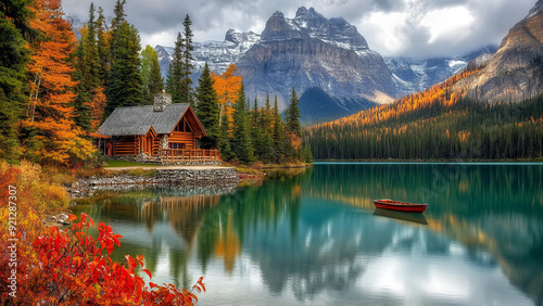 Picturesque autumn scene featuring a cozy wooden cabin by a crystal-clear lake with a reflection of vibrant fall foliage and snow-capped mountains
