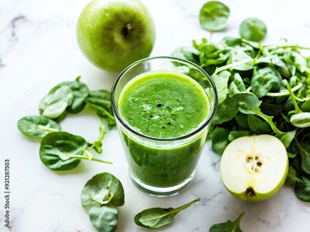 Fresh green smoothie made with spinach and green apples on a marble countertop Fresh green smoothie made with spinach and green apples on a marble countertop