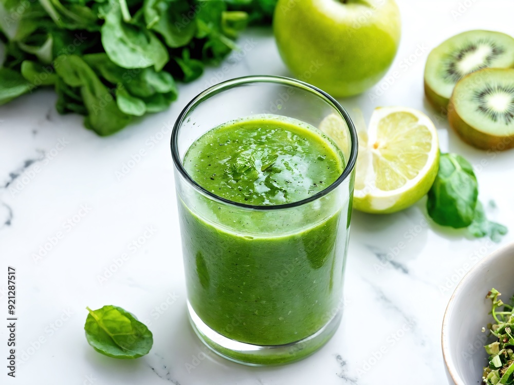 Refreshing green smoothie prepared with spinach, apple, kiwi, and lemon on a bright countertop Refreshing green smoothie prepared with spinach, apple, kiwi, and lemon on a bright countertop