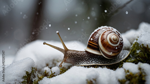 snail in the wild with snow in the background