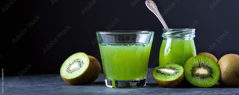 Refreshing kiwi drink served in glass with sliced kiwis beside it Refreshing kiwi drink served in glass with sliced kiwis beside it