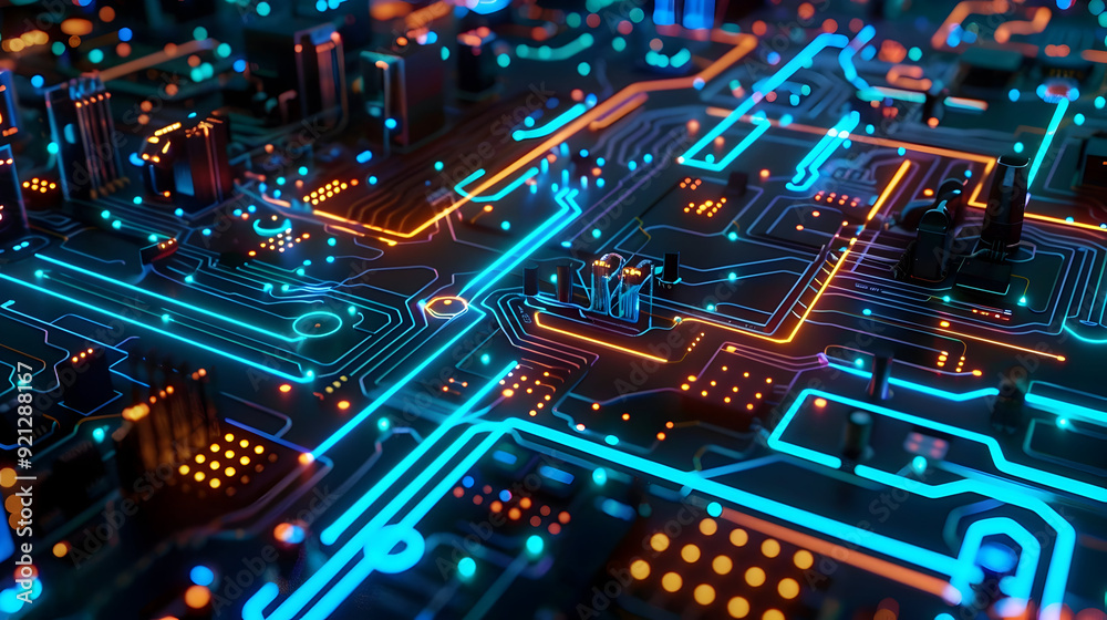 Abstract 3D Circuit Board with Glowing Blue and Orange Lines - Digital Technology Background