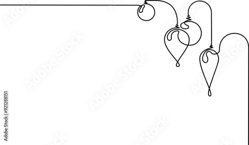 Garland of Christmas toys of different shapes. Continuous one line drawing.