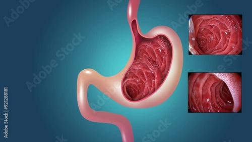 2D animation. Gastric mucosa. Digestive endoscopy or gastroscopy. Stomach health. Medical concept. Human body anatomy stomach animation photo