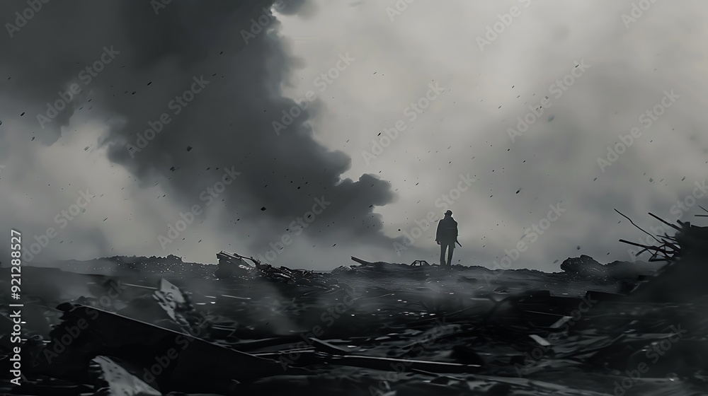 Fototapeta premium A lone soldier standing amidst the ruins of a bombed-out building, looking out over the devastated landscape, a haunting black and white image of war's aftermath.