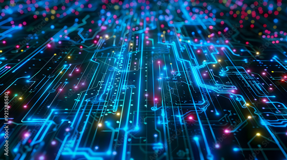 Abstract 3D Background with Circuit Board Design and Glowing Lines Abstract 3D Background with Circuit Board Design and Glowing Lines