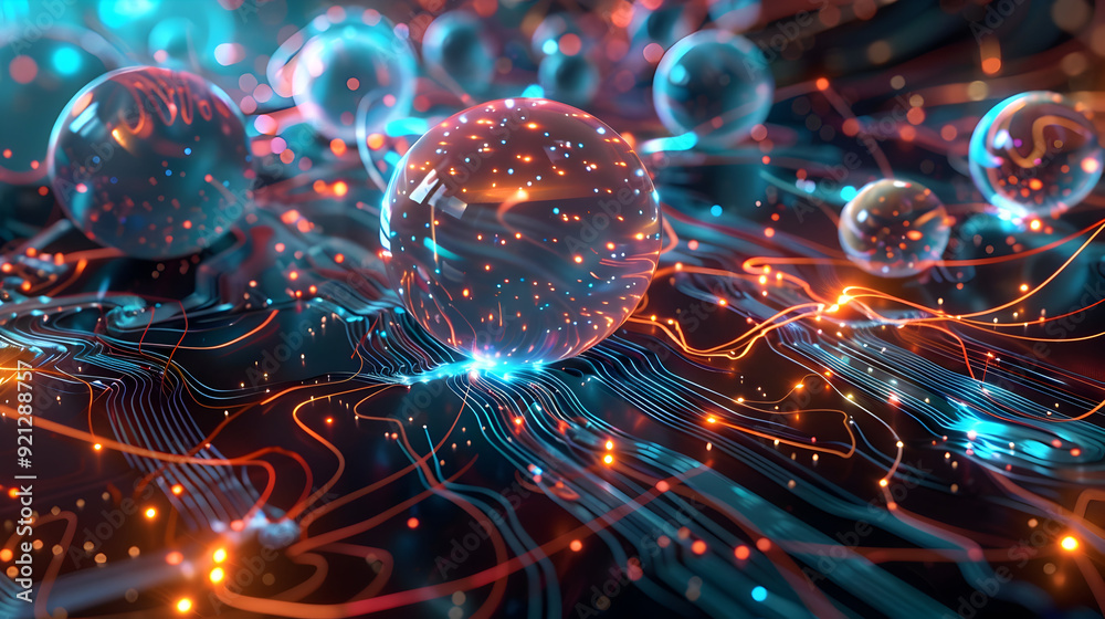 Abstract 3D Illustration of Glowing Spheres and Lines Abstract 3D Illustration of Glowing Spheres and Lines