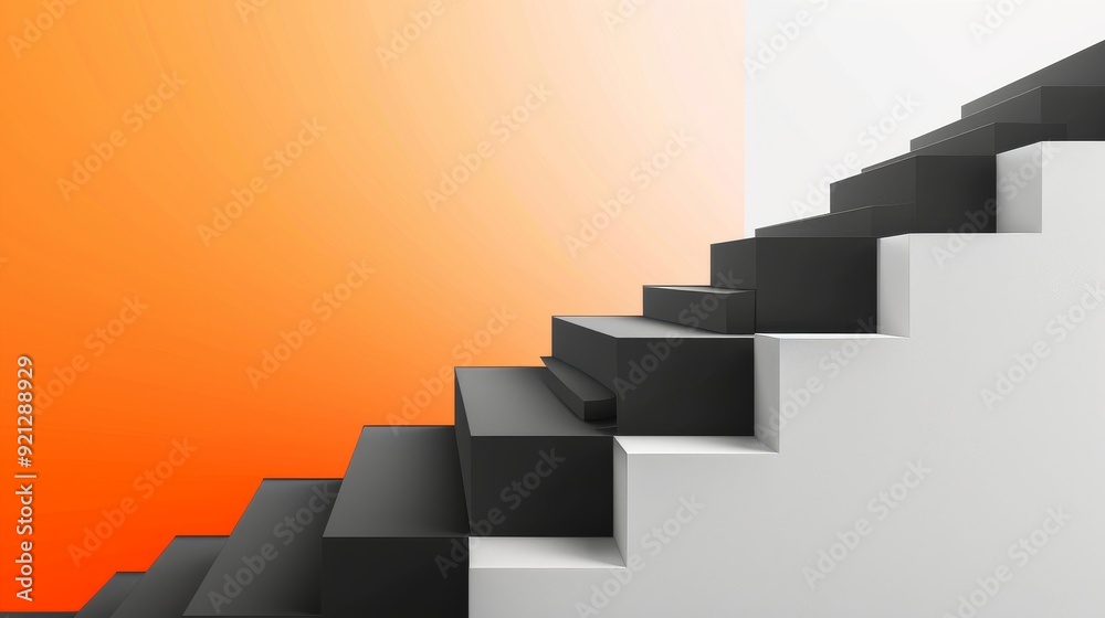 Modern and minimalistic style with business innovation and steady growth. Intelligent investing and product engineering use an ascending stairs concept. Black-to-white gradient transitions to orange, 