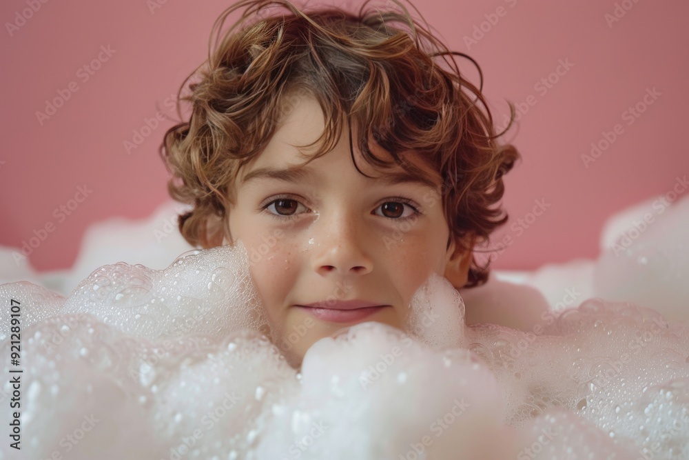 A boy enthusiastically displays a blank label children's bubble bath, his imagination ignited by the promise of foamy adventures in the tub A boy enthusiastically displays a blank label children's bubble bath, his imagination ignited by the promise of foamy adventures in the tub