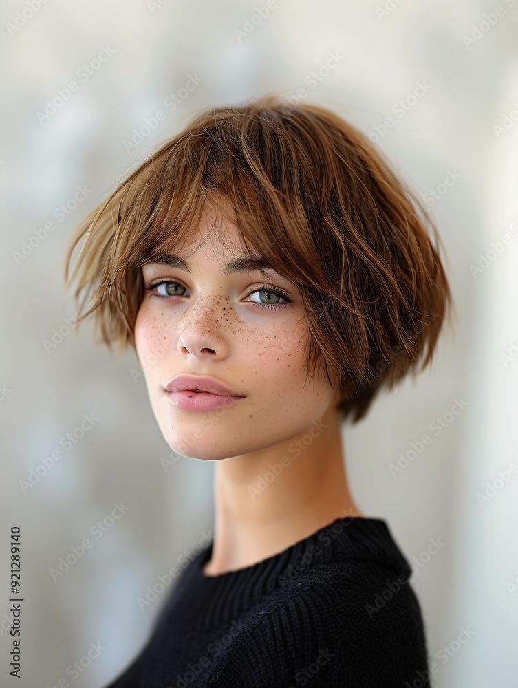 Fototapeta premium woman freckles black sweater looking professional pixie haircut unique hairstyles portrait young profile stunning cut dune head slovenian shaggy tuba vertical
