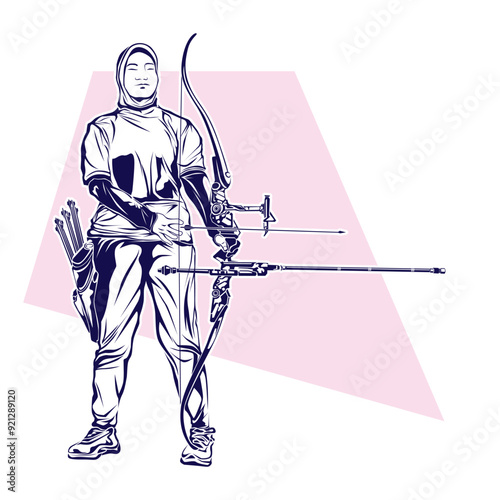 Vector silhouette art of lady archer from Indonesian, a beautiful lady with hijab and strong tough pose of archery. She holding modern bow and sporty outfit.