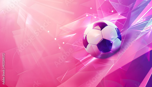 A futuristic digital illustration of a soccer ball set against a vibrant purple and pink gradient background. The design features dynamic lines, dots, and abstract geometric shapes, creating a sense