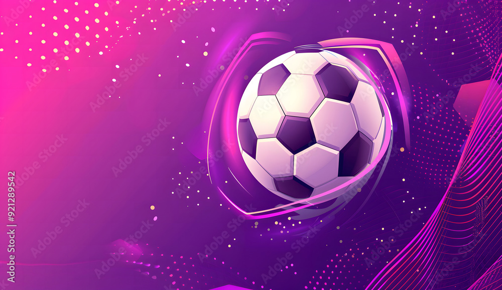 Fototapeta premium A futuristic digital illustration of a soccer ball set against a vibrant purple and pink gradient background. The design features dynamic lines, dots, and abstract geometric shapes, creating a sense