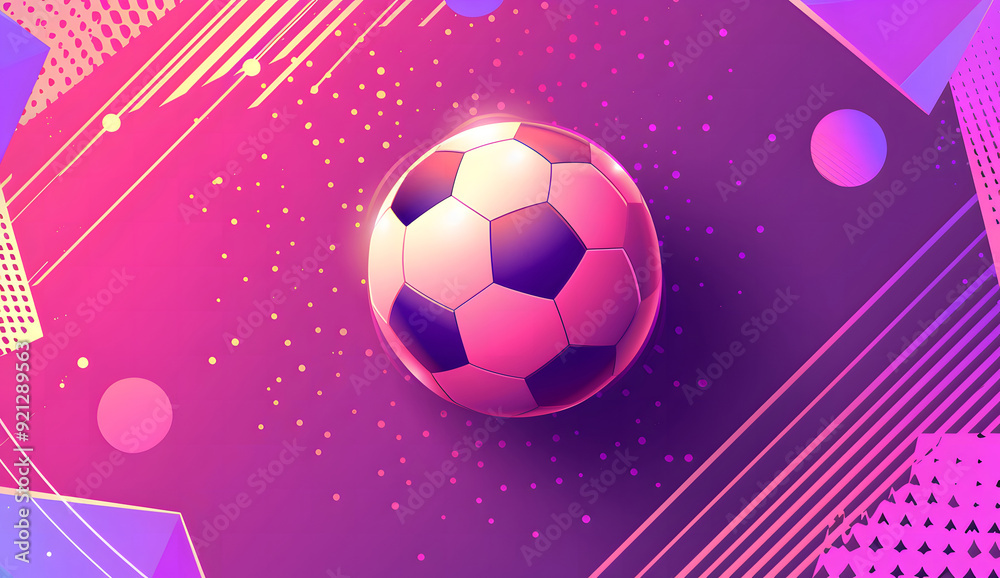 Naklejka premium A futuristic digital illustration of a soccer ball set against a vibrant purple and pink gradient background. The design features dynamic lines, dots, and abstract geometric shapes, creating a sense