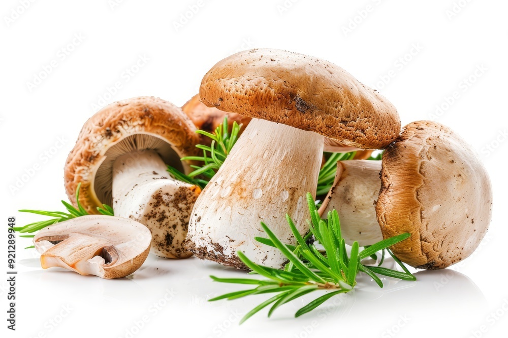 Mushrooms arranged on a white background with rosemary sprigs scattered around them, Incorporate elements from nature that are commonly associated with porcini cep mushrooms Mushrooms arranged on a white background with rosemary sprigs scattered around them, Incorporate elements from nature that are commonly associated with porcini cep mushrooms