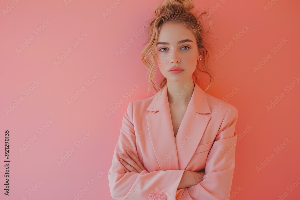 A professional woman in a trendy peach fuzz color office suit standing confidently in her office, a big copy space A professional woman in a trendy peach fuzz color office suit standing confidently in her office, a big copy space