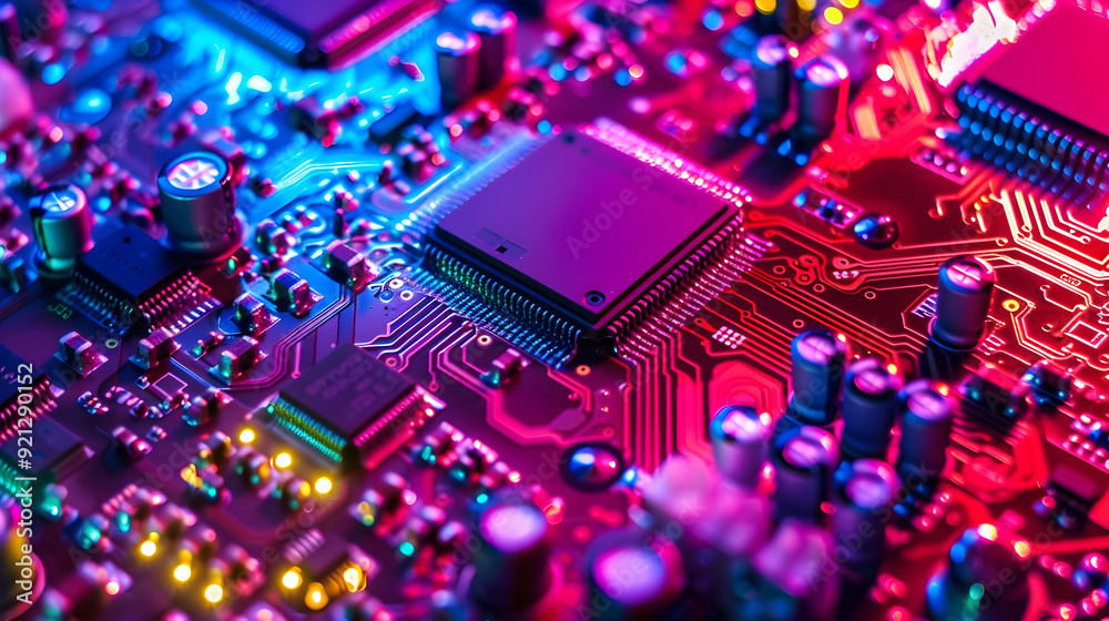 Neon Circuit Board Closeup - Abstract Technology Background Neon Circuit Board Closeup - Abstract Technology Background