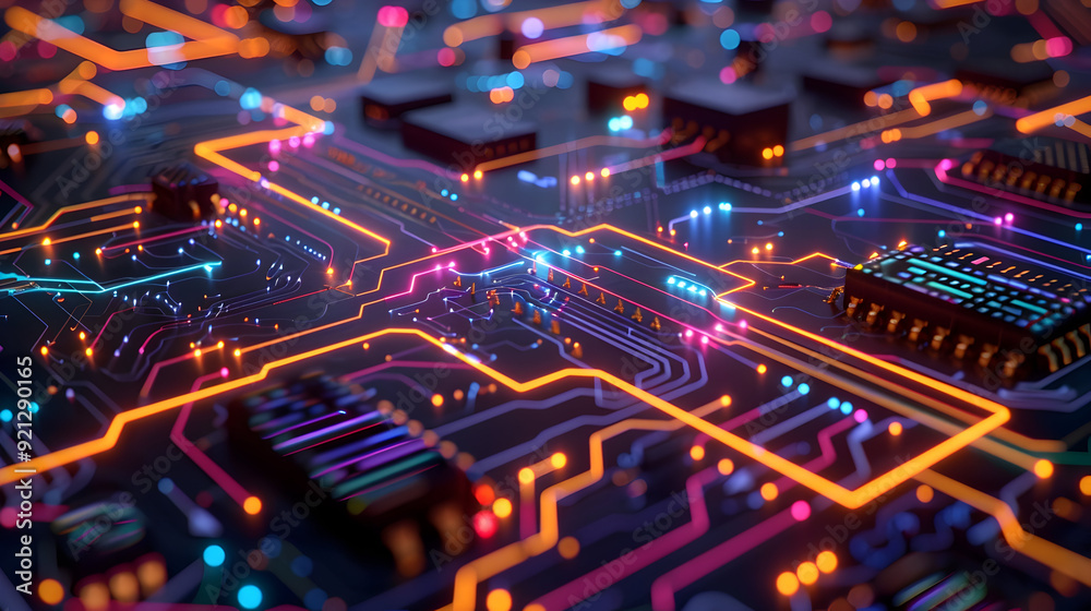 Neon Circuit Board 3D Illustration